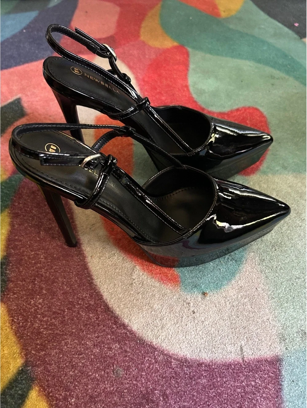NEVEBELLA Black Patent Leather Slingback High Heel Pumps